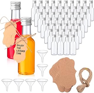 Yinder 100 Pieces 1.7oz Mini Liquor Bottles Bulk Small Empty Plastic Alcohol Shot Bottles with Caps Funnels Kraft Tags Ropes for Christmas Party Favors Weddings (Sliver Caps)