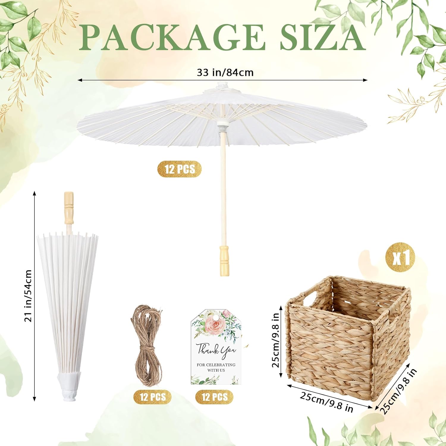 12 Set 33 Inch Wedding Paper Umbrellas with Thank You Cards Wedding Favors Decorative White Chinese Japanese Parasol Umbrella DIY Oiled Paper Painting Umbrellas for Bridal Party Decor