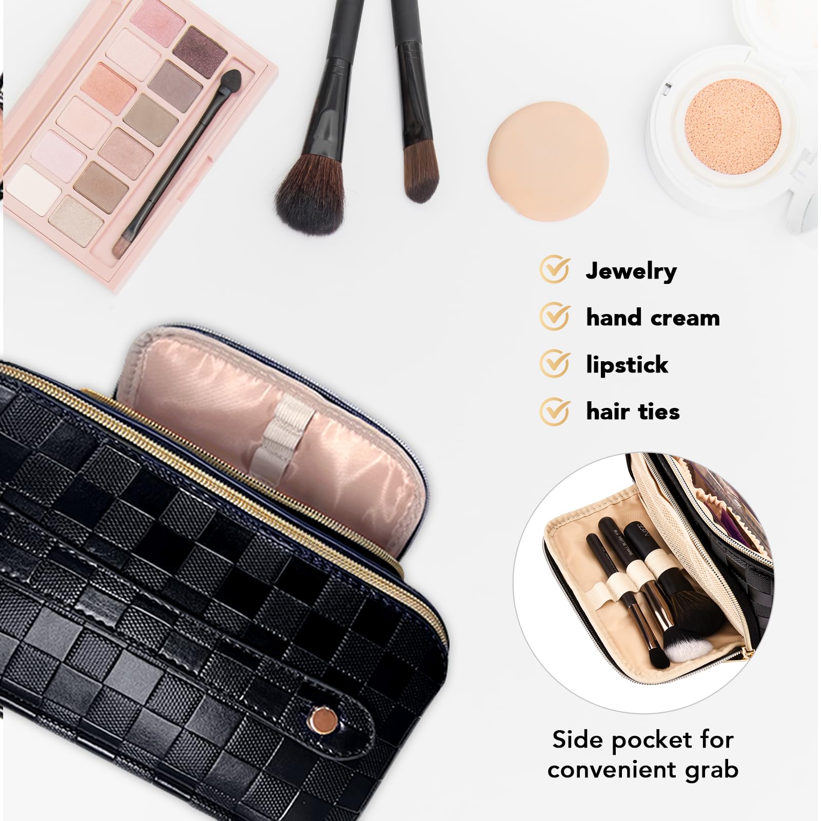 Black Checkered PU Leather Travel Makeup Bag with Compartments