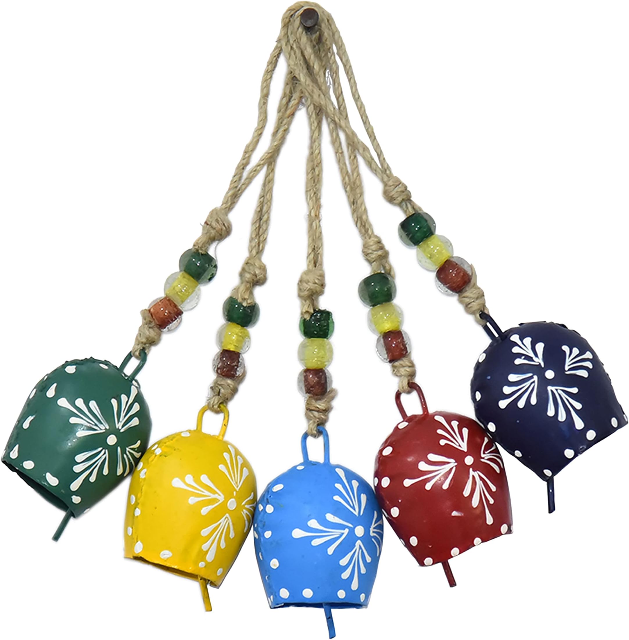 Handmade Metal Bells โ Set of 5 (7cm) Hanging Cow Bells with Rope & Beads โ Hand-Painted Vintage Bells for Farmhouse, Boho Wall Decor, Witch Bells, Christmas Ornaments & Wind Chimes