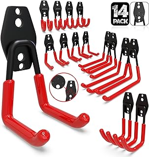 3-H Garage Hooks Heavy Duty, Tool Hangers for Garage Wall 14PC, Skateboard Wall Mount,Garage Wall Hooks with 3 Welding Spot for Organizing bike, ladder, bicycle, chair, shovel, helmet(Red 14pc)