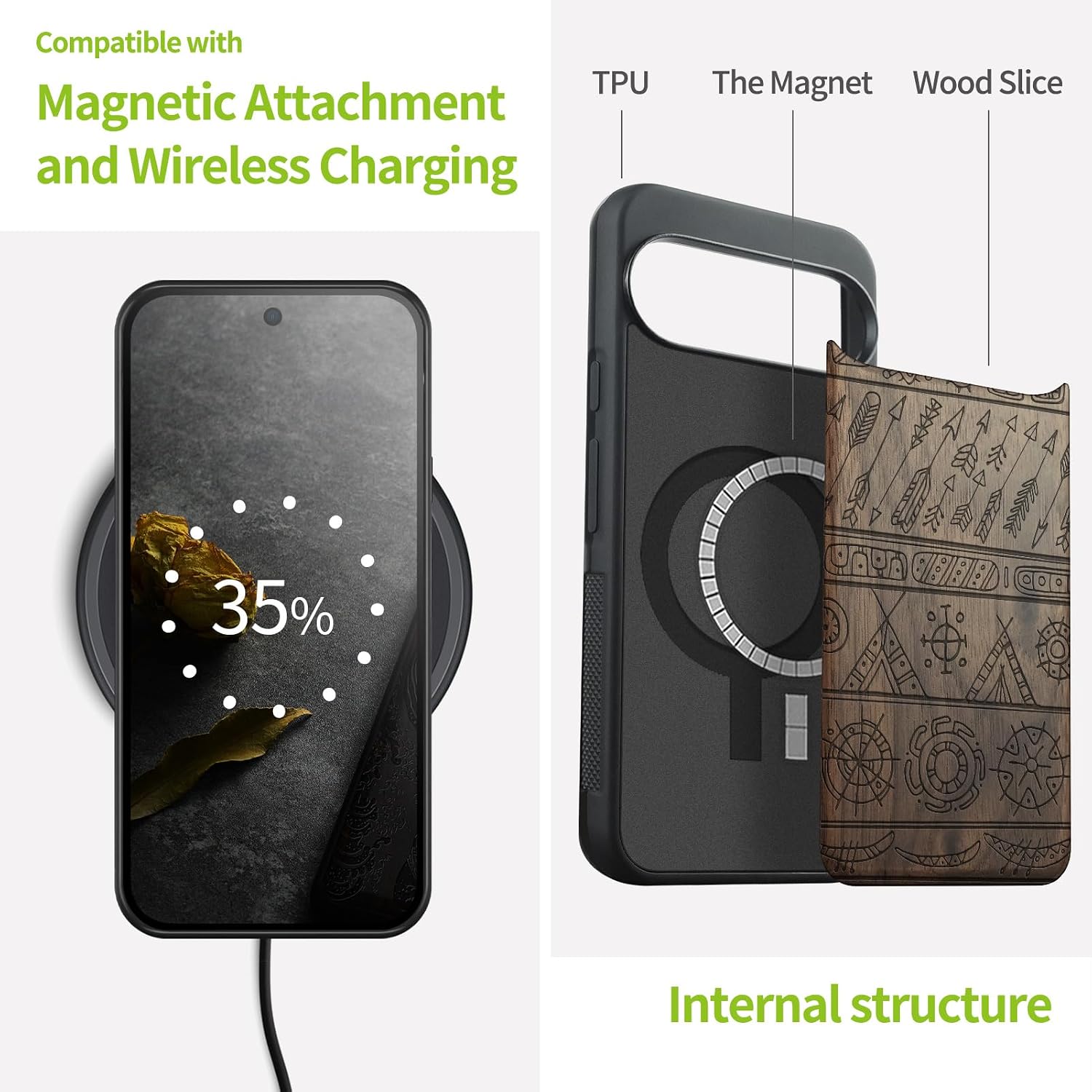 Carveit Magnetic Wooden Case for Google Pixel 10 Pro XL Case, Wood Artisan Engraved & Soft TPU Shockproof Cover, Compatible with MagSafe Wireless Chargers (Tribal Feathers) Walnut