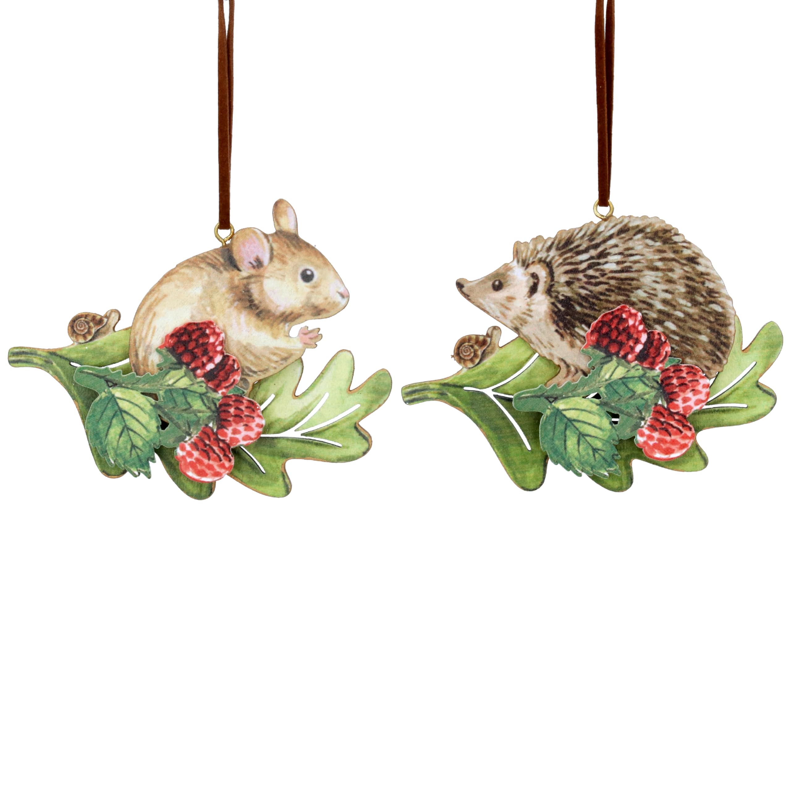Gisela Graham Wood Mouse And Hedgehog On Leaf With Berries 8X10x1cm Centimetre Hanging Decorations Set Of 2