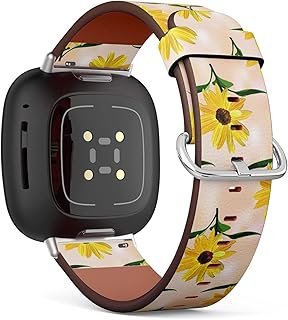 CJBROES Replacement Leather Watch Band, Compatible with Fitbit Versa 3 and Fitbit Sense of Wristband Bracelet Accessory - Sunflower Texture on