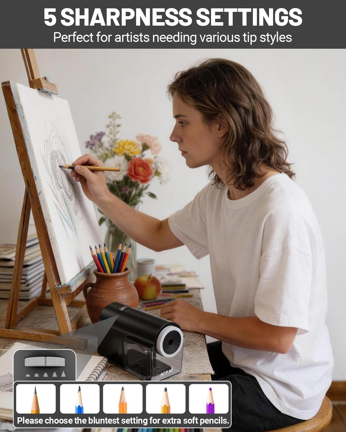 AFMAT Electric Pencil Sharpener, Fully Automatic Pencil Sharpener for 6.5-10.5mm No.2/Jumbo/Colored Pencils, Auto in & Out, 5 Sharpness Modes, 10000+ Sharpenings for Classroom Home Office, PSC5(120V)