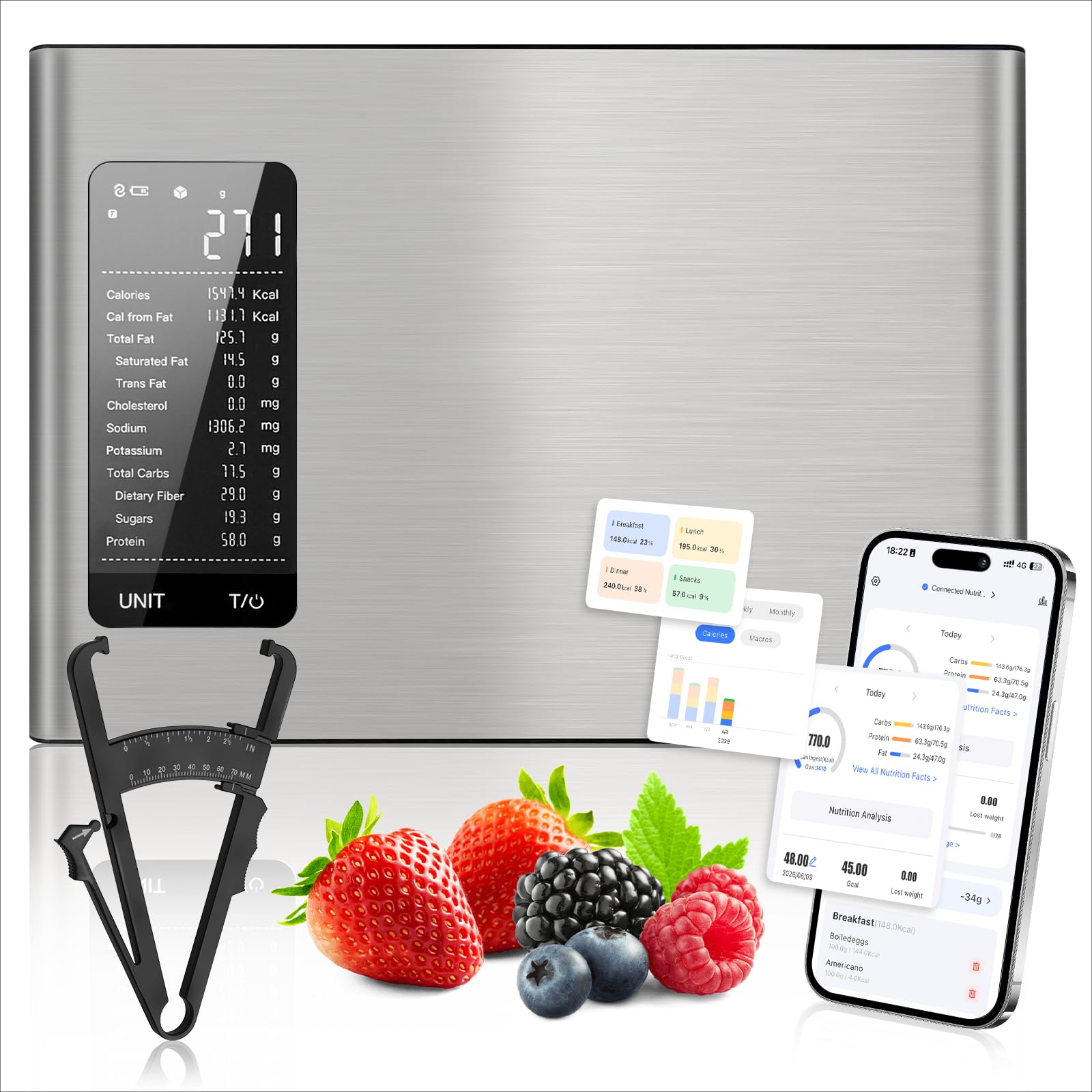 Smarte Küchenwaage mit Nährwertrechner & App, max. 10 kg Tragkraft | 19 Nährwerte Tracking, Kostenlose Lebensmittel App, 304 Edelstahl, Körperfettzange, Kalorien zählen, Fitness Kontrolle