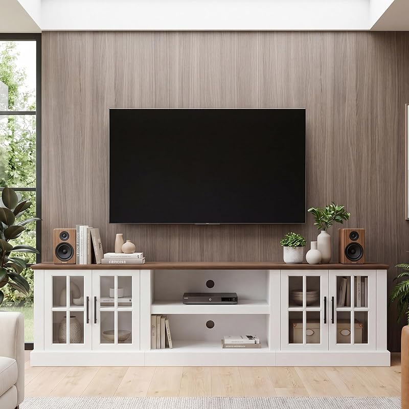 90 Inch Farmhouse TV Stand for TVs up to 100", Media Entertainment Center with Adjustable Shelves and Large Storage Cabinets, for Living Room, White image 3