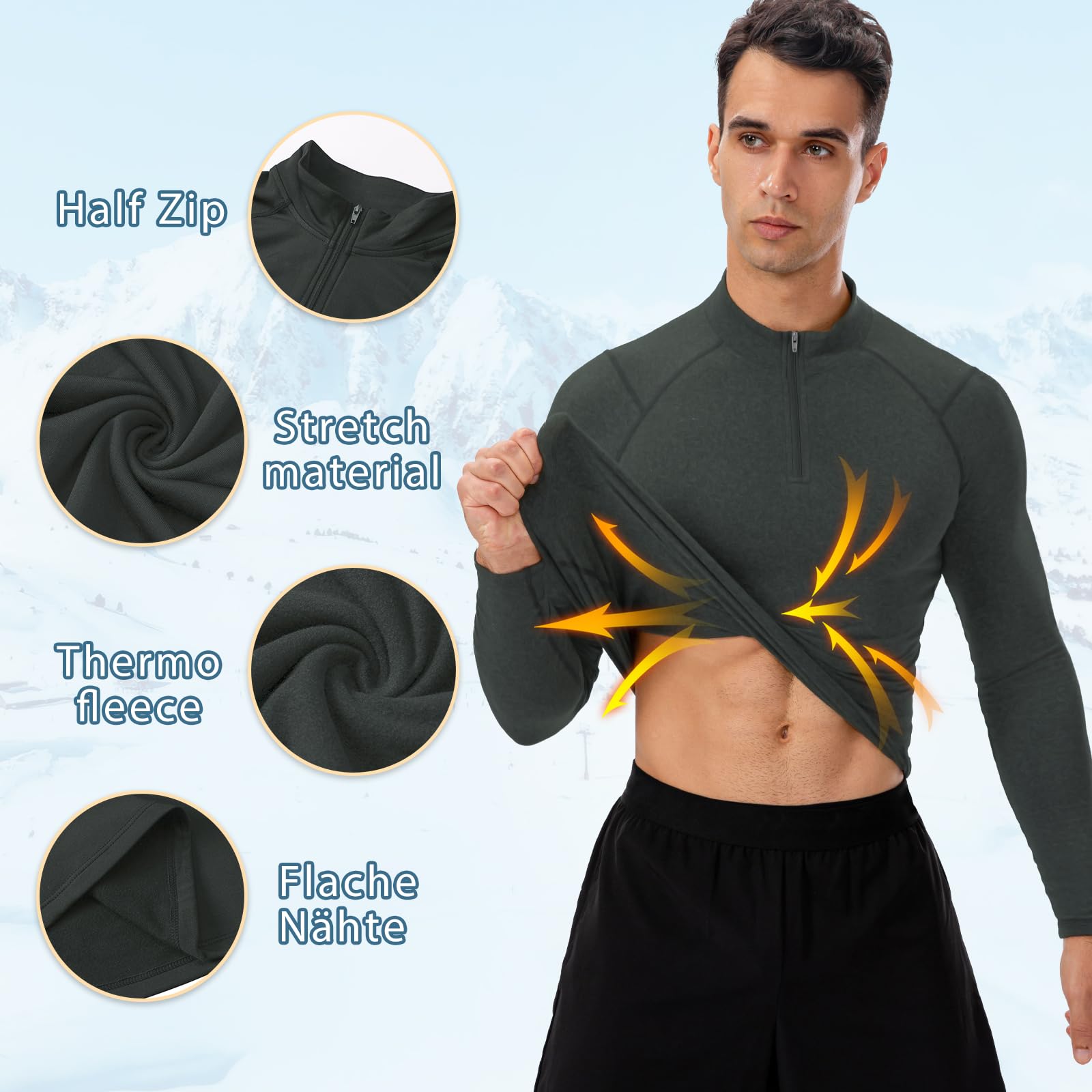 Thermounterwäsche Herren Oberteil 1/4 Zip Atmungsaktiv Skiunterwäsche Herren Langarm Weich Innenfleece Funktionsunterwäsche Männer Sport Gym Fitness Thermo Unterwäsche