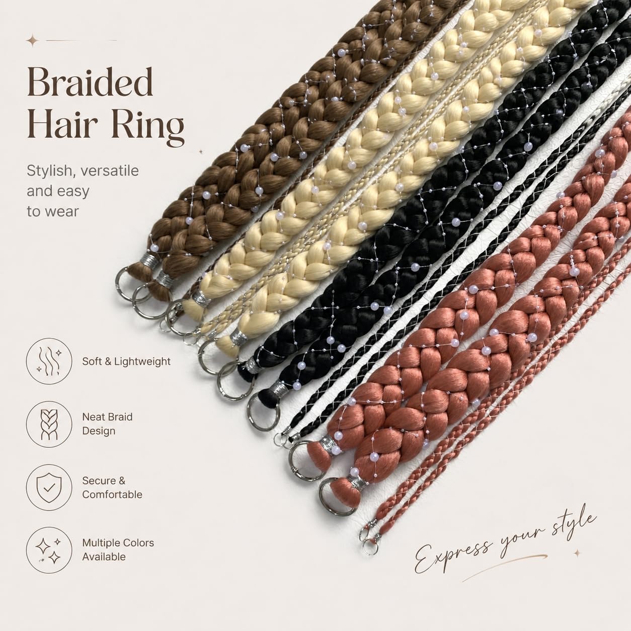 Boho Braids Clip-In Ponytail Extension With Pearl Beads, Free Style Pony Tails Hair Extensions With Metal Ring, Hand-Braided Extensions For Women, Hair Piece For Women, Daily Party Use
