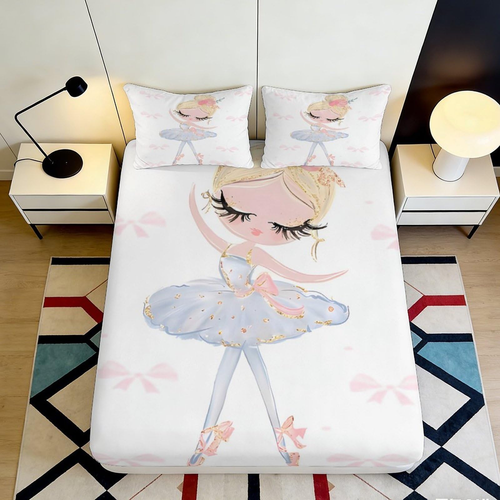 3D Printed Cute Ballerina Fitted Sheet Microfiber Soft Breathable Pink Ballet Mattress Cover for Bedroom Dormitory Guest Room Protection Decor 180x200x25cm