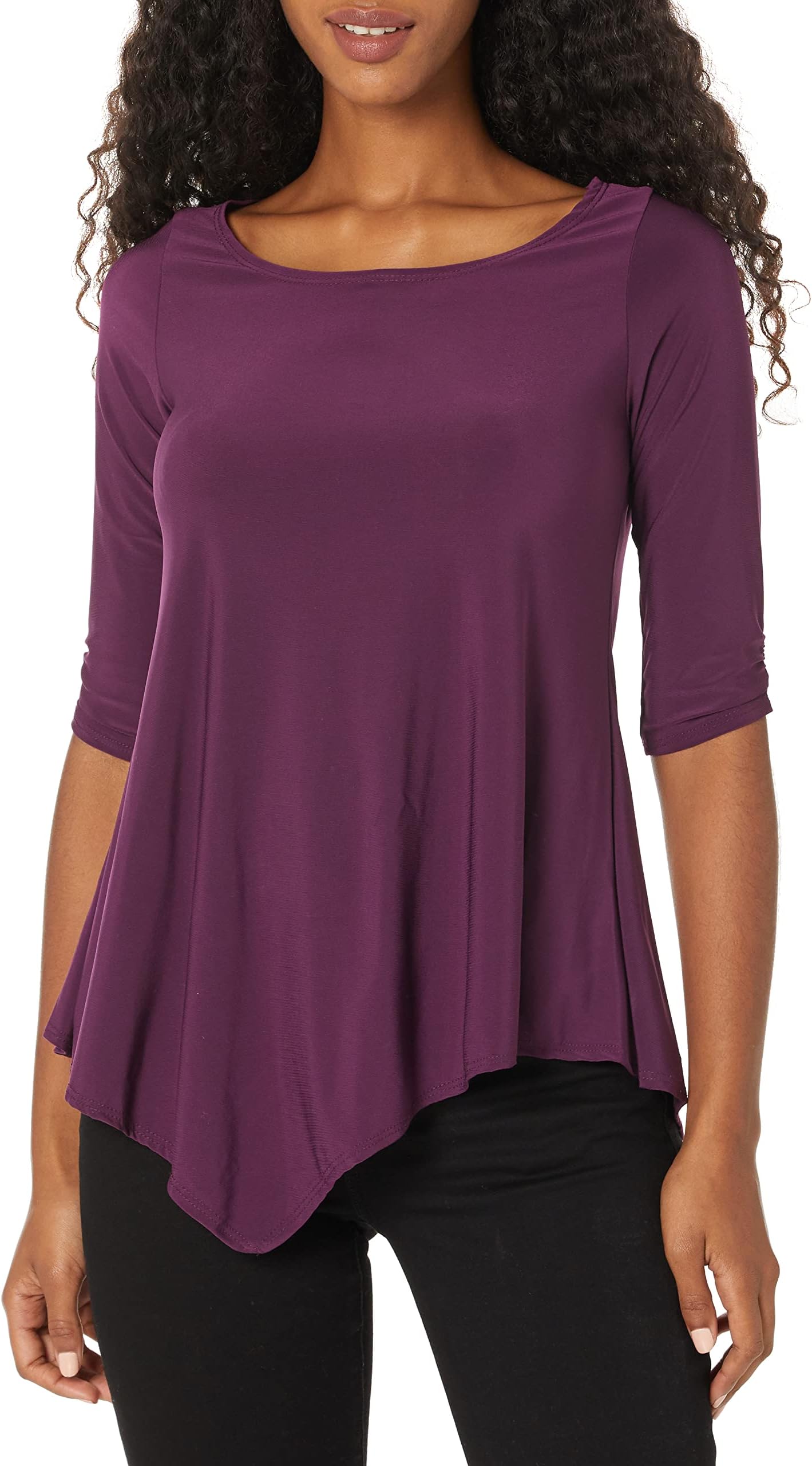 Star VixenWomen's Plus-Size Elbow-Cinch Sleeve Hanky Hem Top, Plum Solid, 2X