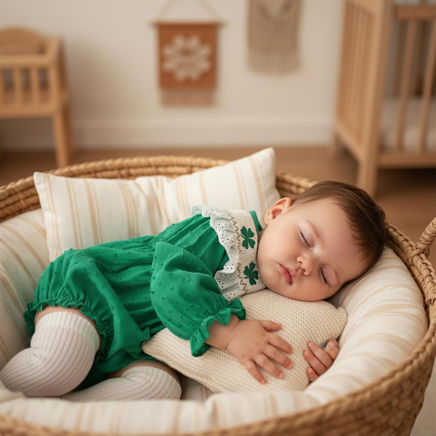 Infant Baby Girl St Patricks Day Outfit Embroidered Clover Romper Green Onesie Long Sleeve Smocked Bubble Clothes - Image 2