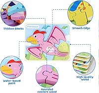 Vista 3 de SYNARRY Paquete de 6 rompecabezas de madera de dinosaurio para niños de 2 a 5 años, rompecabezas de madera para niños pequeños, rompecabezas