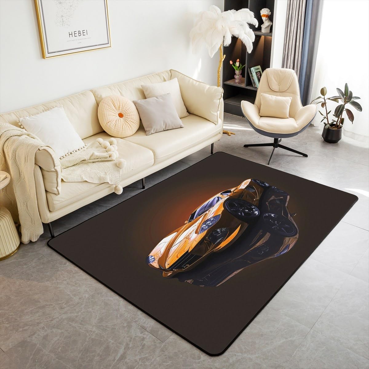 Feelyou Racing Car Area Rug 3x5 Kids Orange Sports Car Decorative Carpet for Boys Girls Teens Automobile Extreme Sport Living Room Rugs Cool Speed Race Car Down Indoor Floor Mat Room Decor