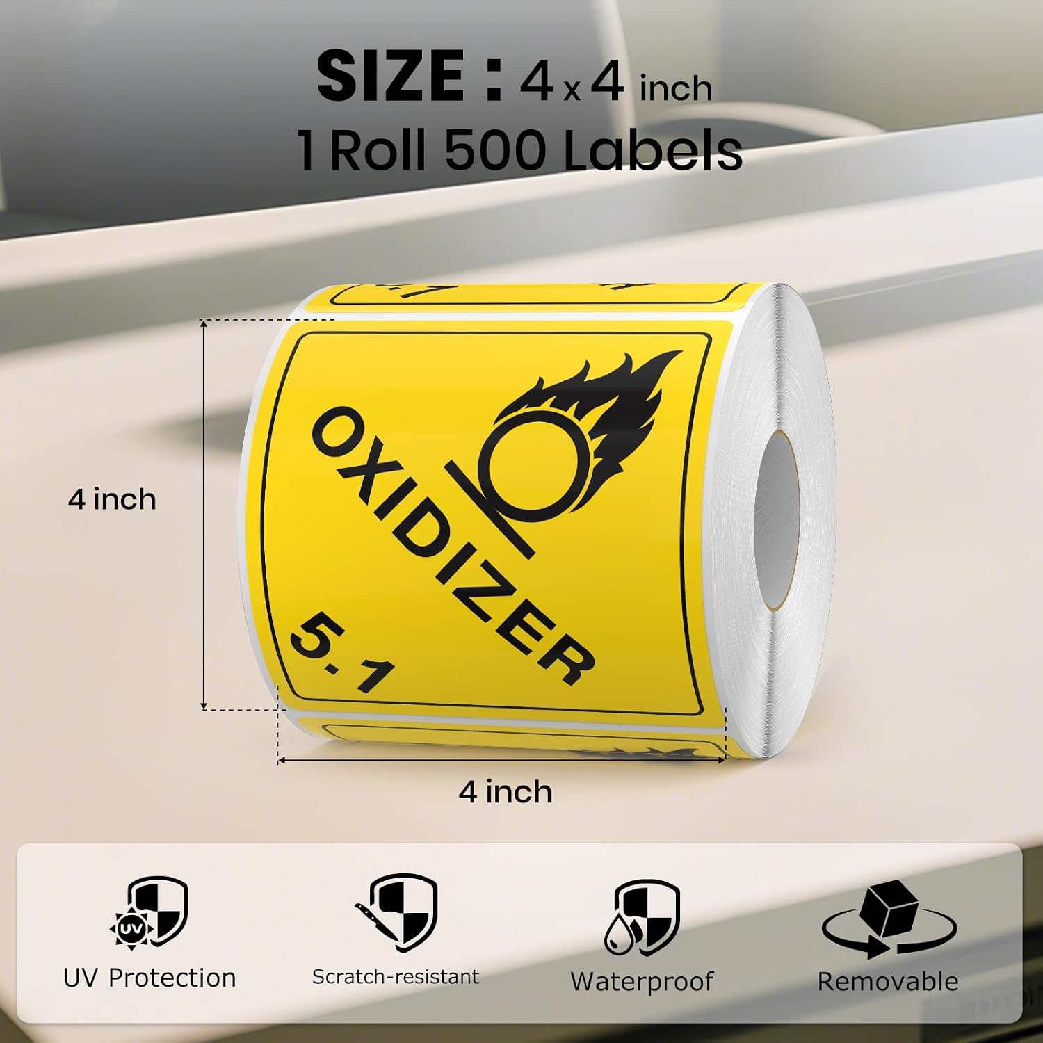 500 PCS Class 5.1 Oxidizer Labels 4 × 4 Inches DOT Hazardous Materials Warning Stickers Vinyl Self Adhesive Waterproof Label for Shipping Handling Transportation Storage