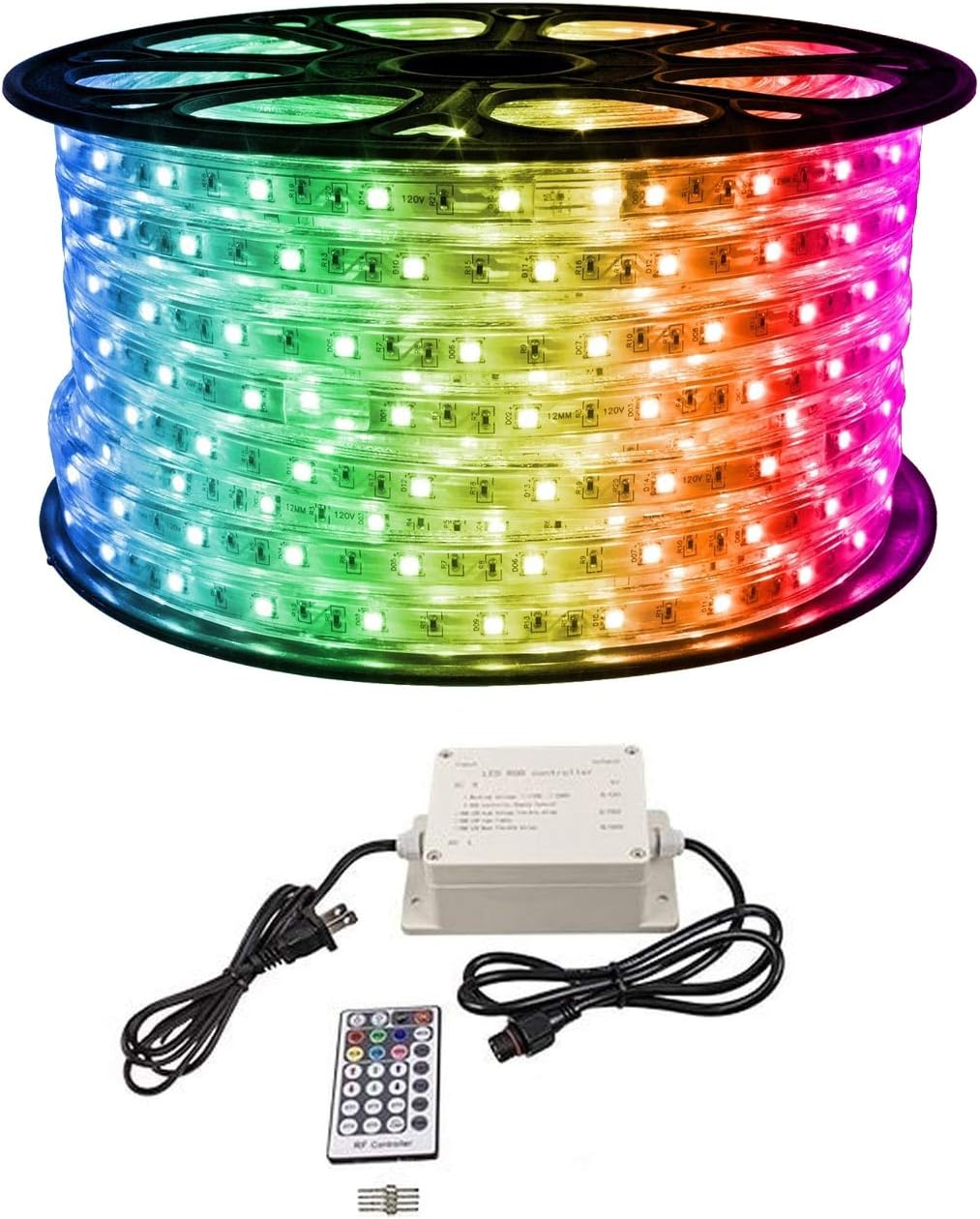 Color-Changing SMD Rainbow Colors LED Strip Light, 148 Foot Length – 120 Volt Strip Lighting Solution, 19.5” Cutting Intervals, 50,000 Hour Lifespan