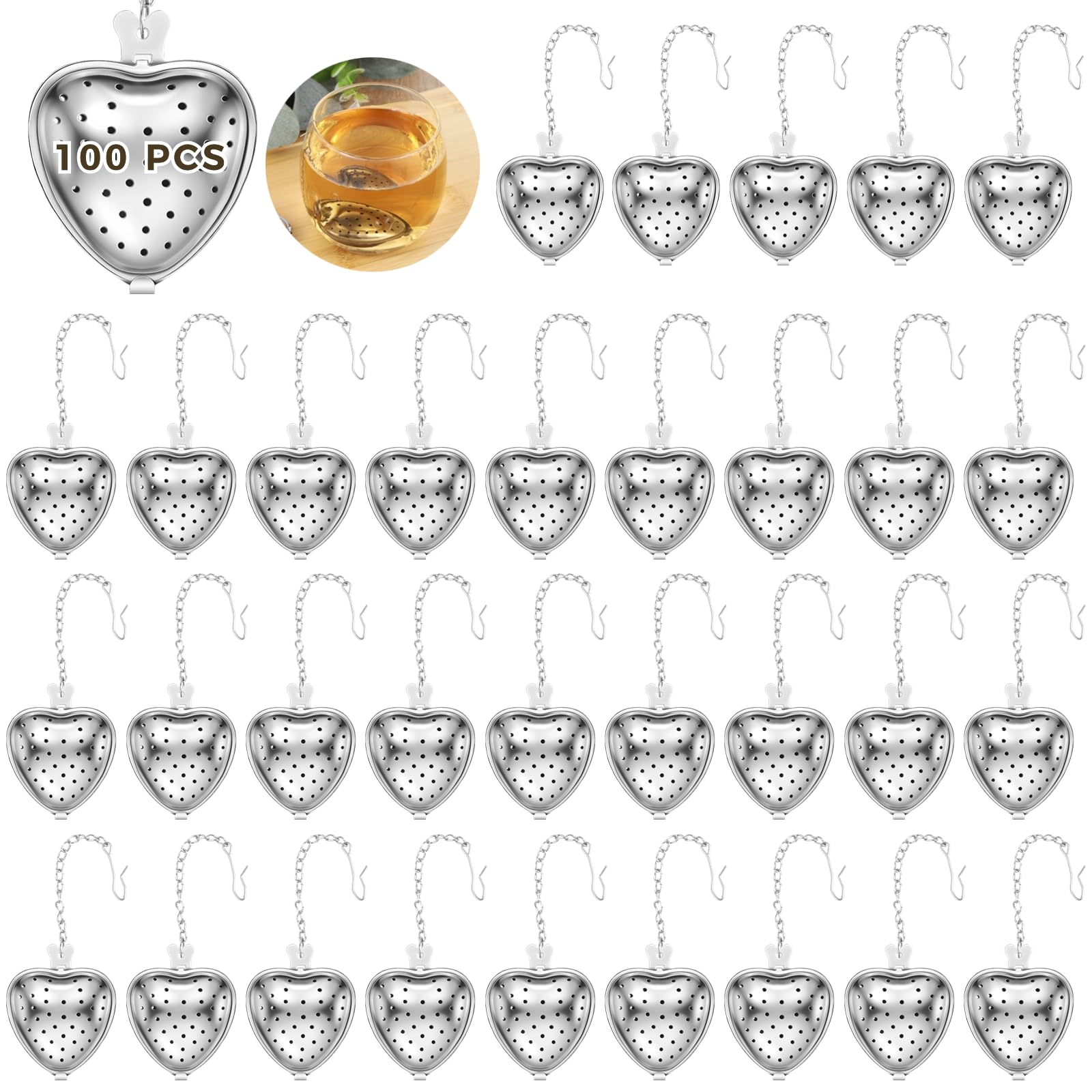 100 coladores de té, filtros de bola de té de acero inoxidable, infusores de té de hojas sueltas, difusor de intervalo de té, filtros de té de malla en forma de corazón con gancho de cadena extendido