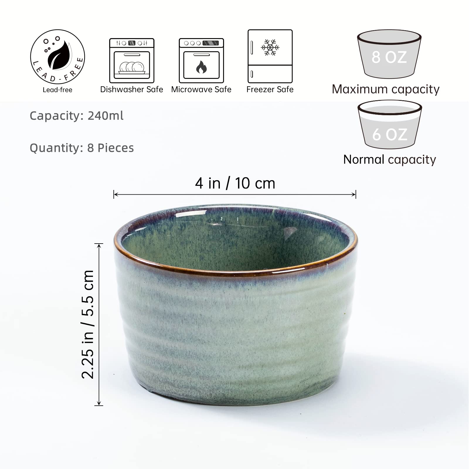 Pirottini Ceramica per Soufflé, Pirottini da Soufflé in Porcellana 8 x 240ml per Muffin, Cupcake e Budini - Glassa di Reazione, Verde