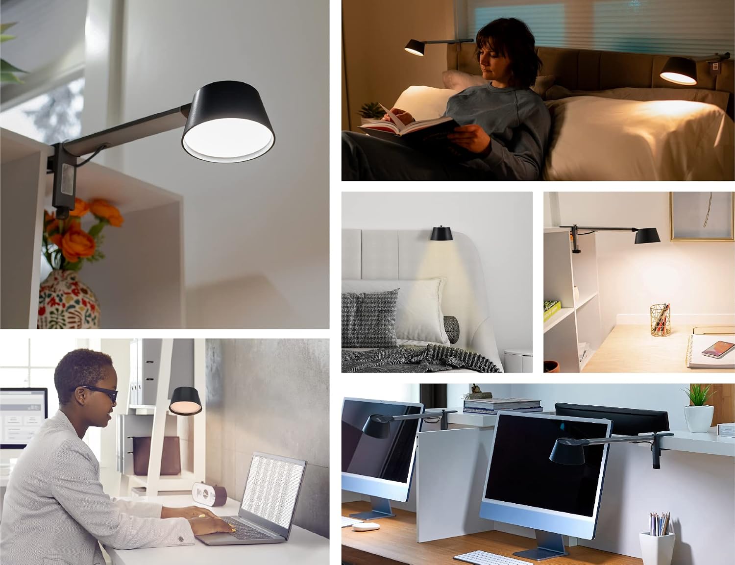 Various usage scenarios of the BLACK+DECKER Verve Designer LED Clamp Light, including on a desk, headboard, and shelf.