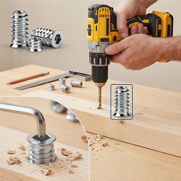 jwtyu 45 Pièces Insert Fileté Bois M8 x 20 mm écrous à visser insert bois M8 Manchons à visser M8 galvanisés Avec clé à six pans creux Pour panneaux de fibres, contreplaqué et meubles en bois(silver) - 5