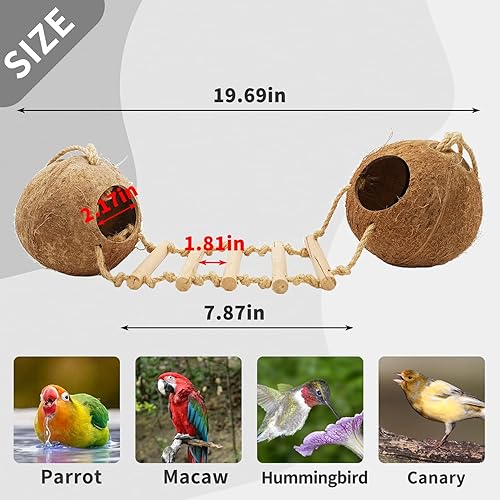 Vista 51 de Tfwadmx Casa colgante para pájaros con escalera, fibra de coco natural, nido de pájaros, conchas de coco, escondite, agapornís, columpio, juguetes