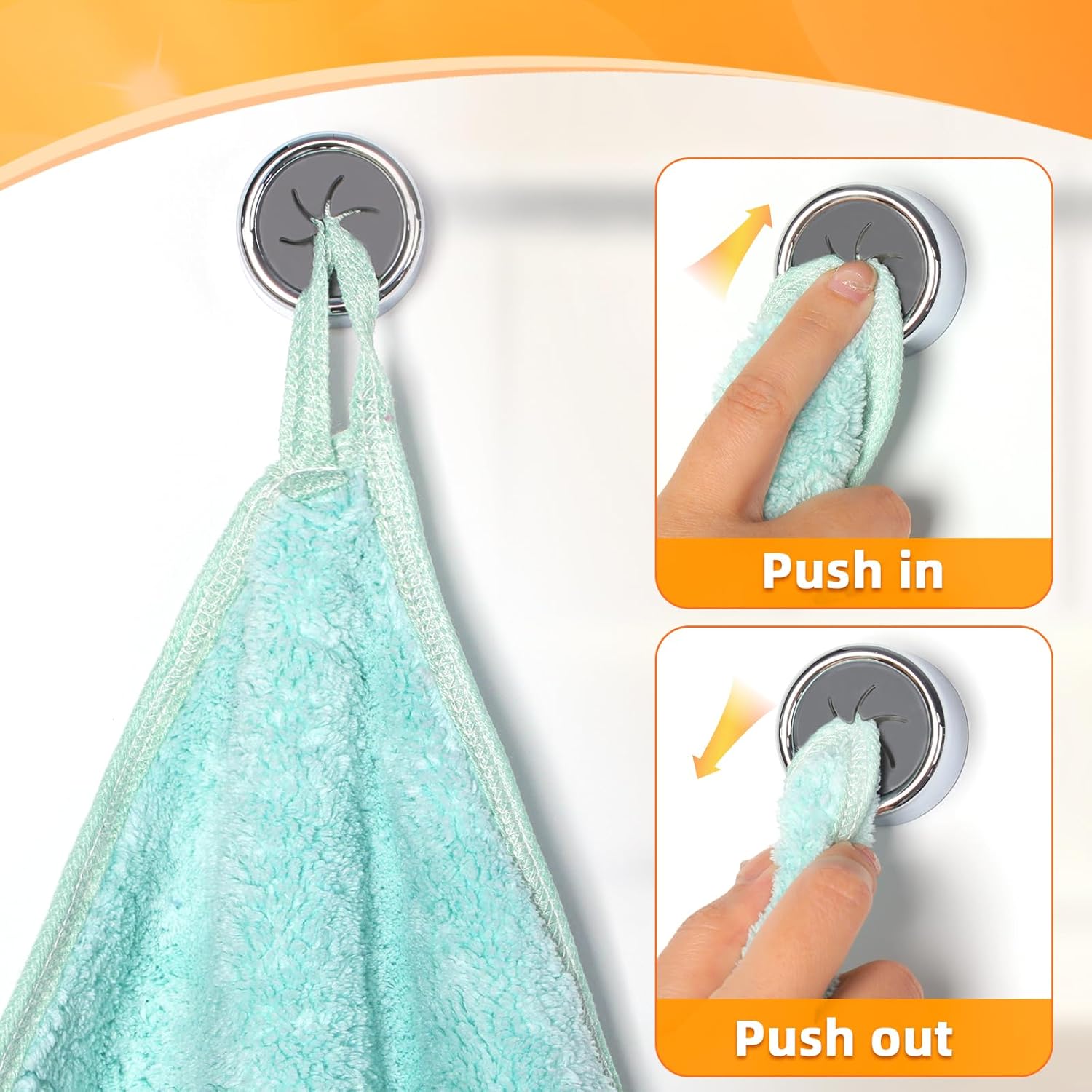 6Pcs Self-Adhesive Tea Towel Holders, Round Bathroom Tea Towel Hooks Stick on Wall, Push in Suction Kitchen Holders for Towels/Rags/Gloves/Bags, No Drilling Needed