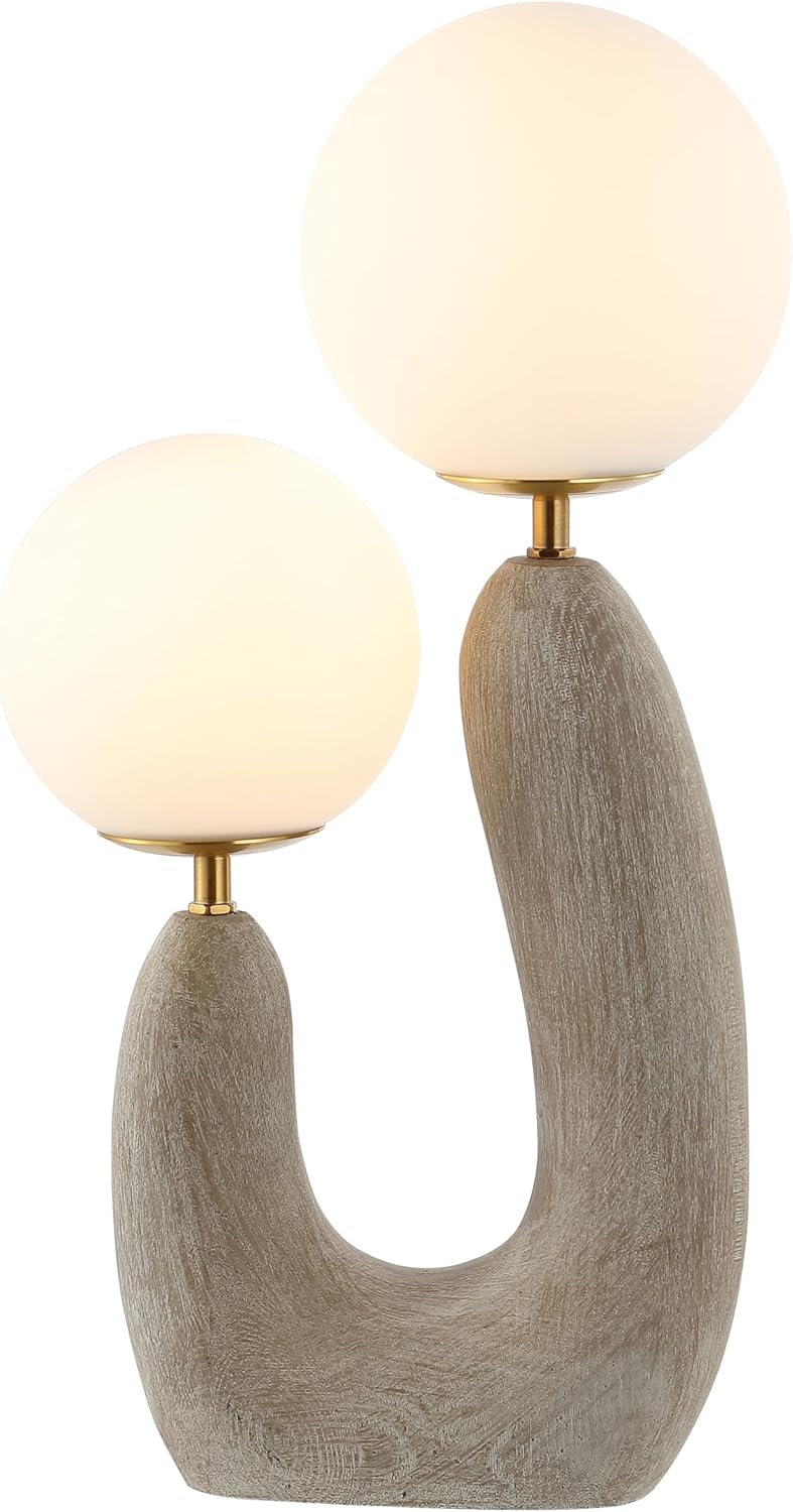 JONATHAN Y 18" Gray Wood Finish 2-Light Mid-Century Scandinavian Resin Cactus LED Table Lamp, Brass Iron Accents, Frosted Glass Globe Shades, LED Bulbs Included JYL4064A