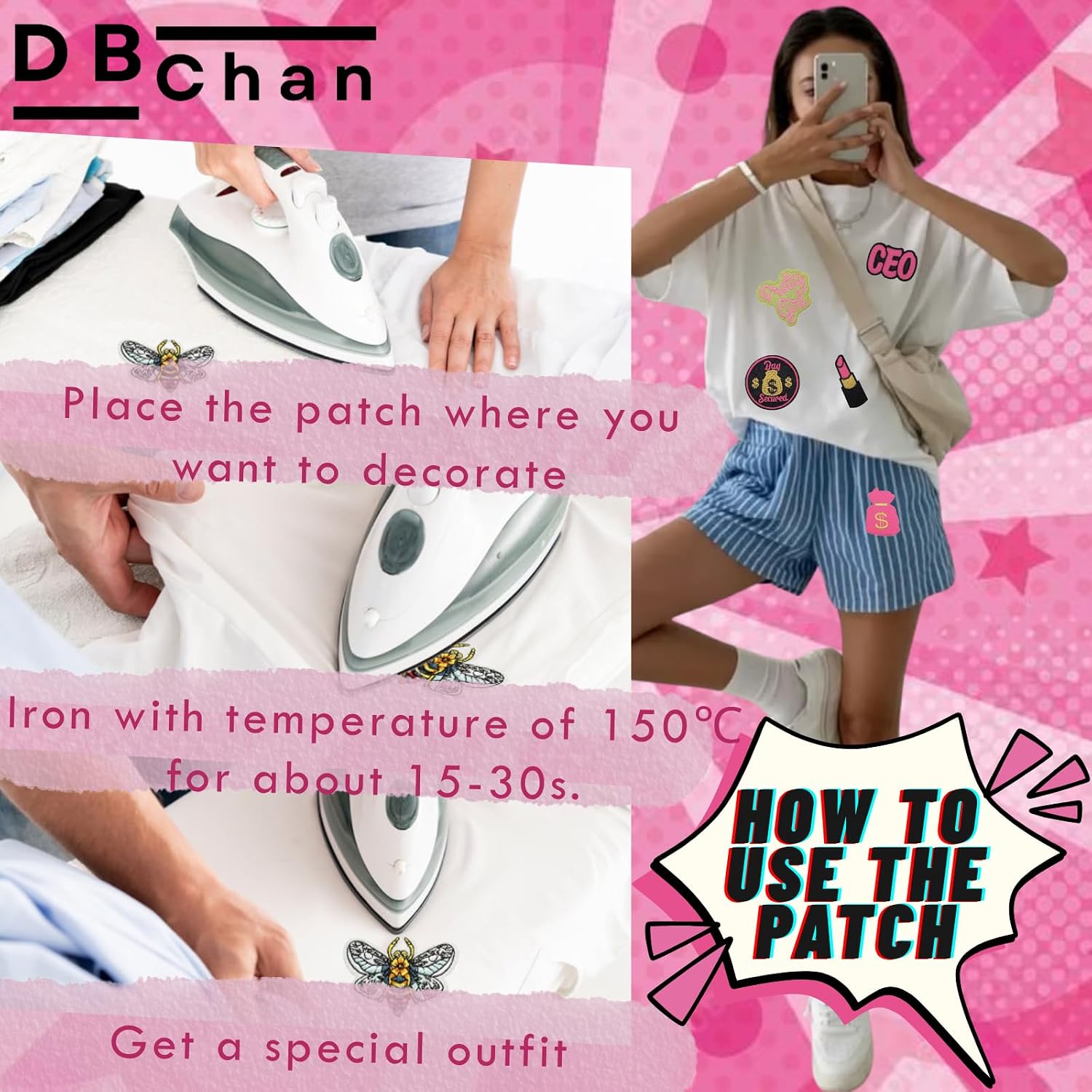DBChan Girl Power Trucker Hat Iron On Embroidery Patches, Feminism Sew On Patches, Pink Styles Applique Patch for Backpack Jacket Clothes