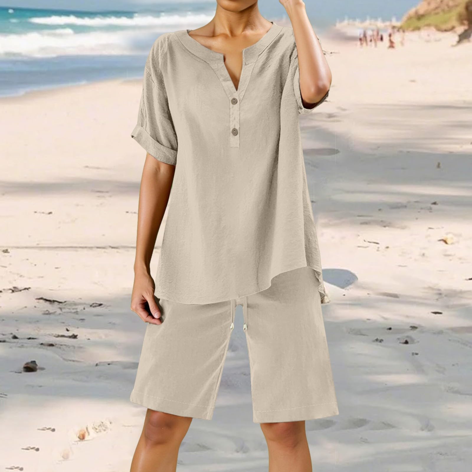 2 Piece Linen Set For Women Trendy Short Sleeve Shirts & Wide Leg Shorts Loose Fit Casual Cotton Linen Sets Outfits