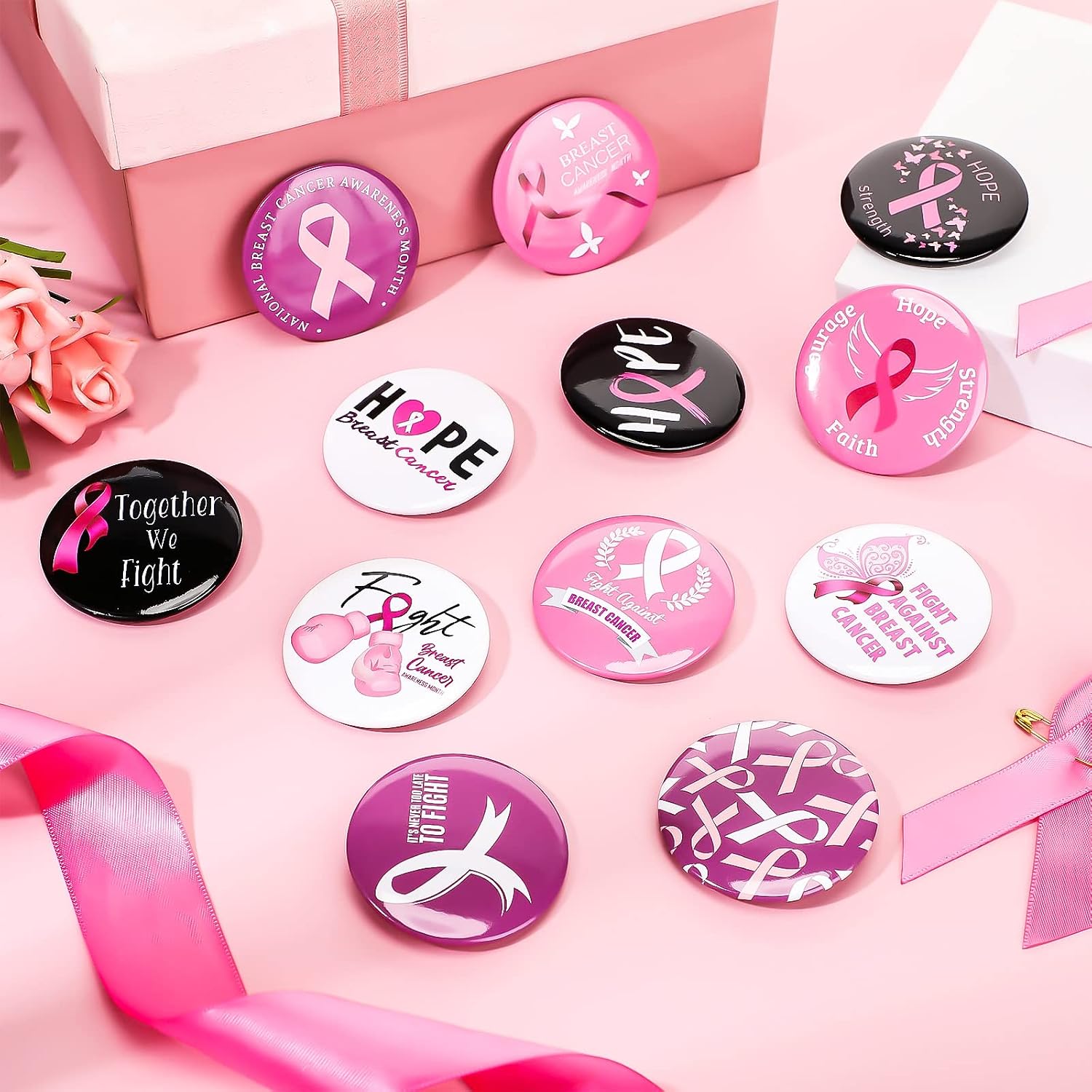 Breast Cancer Awareness Button Pins Round Pink Ribbon Badge Pins Novelty Cancer Brooch Decoration, 12 Designs
