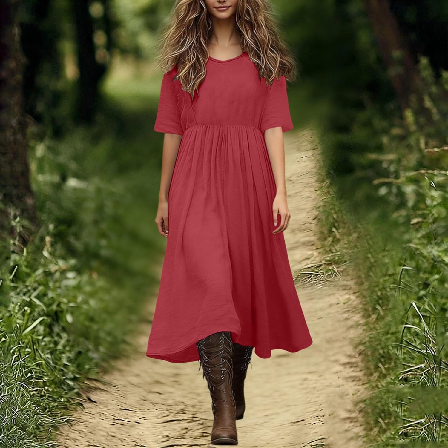 Womens Summer Dresses Cotton Linen Plus Size Short Sleeve Crew Neck Casual Midi Dress Trendy Beach Vacation Clothes