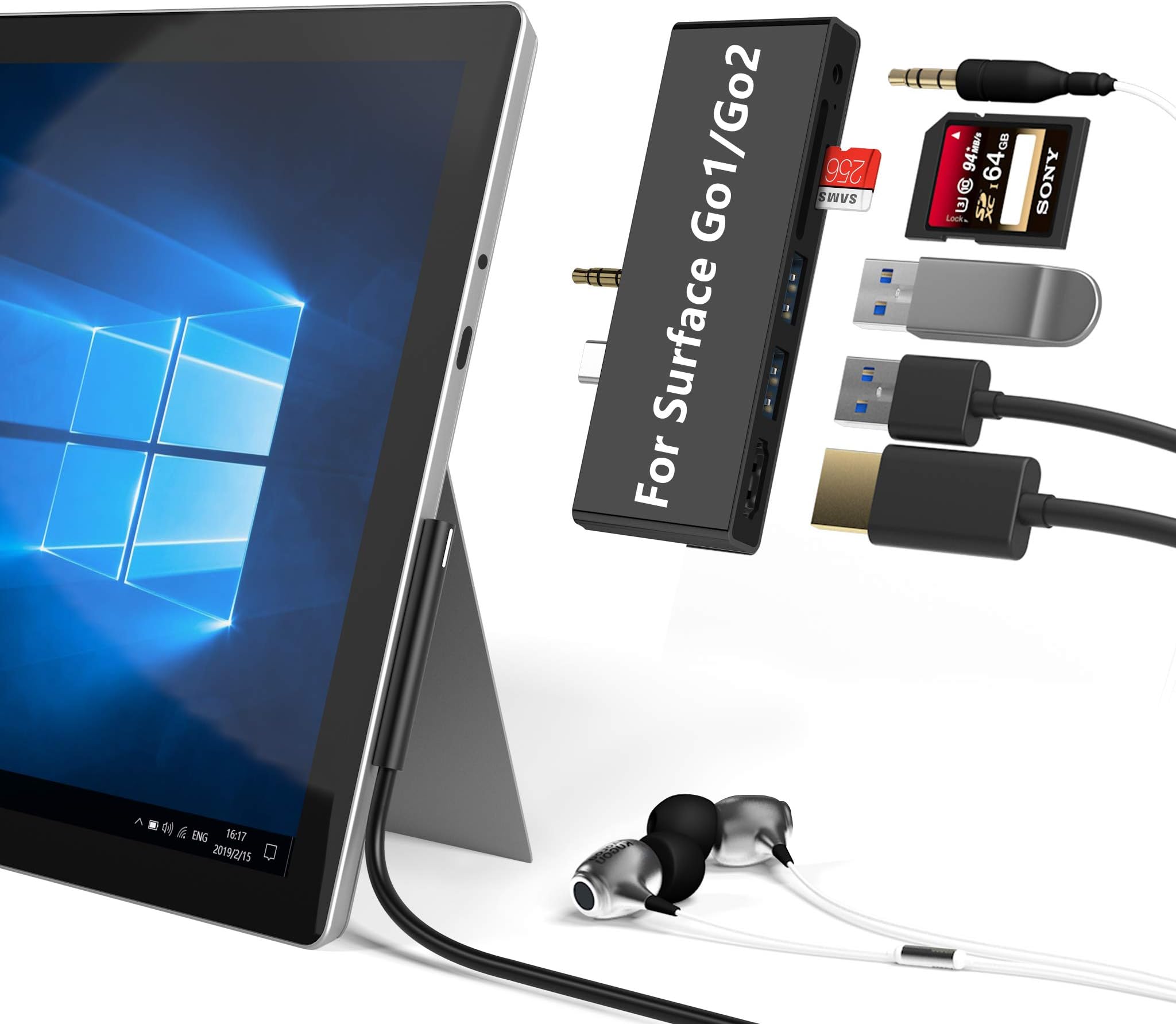 Surface Go Hub Docking Station for Surface Go/Go2/Go3//Go4, 7-in-2 Surface Go Hub Adapter with 4K USB C to HDMI, 2 USB 3.0 Ports, Earphones Jack,SD/TF Card Slot