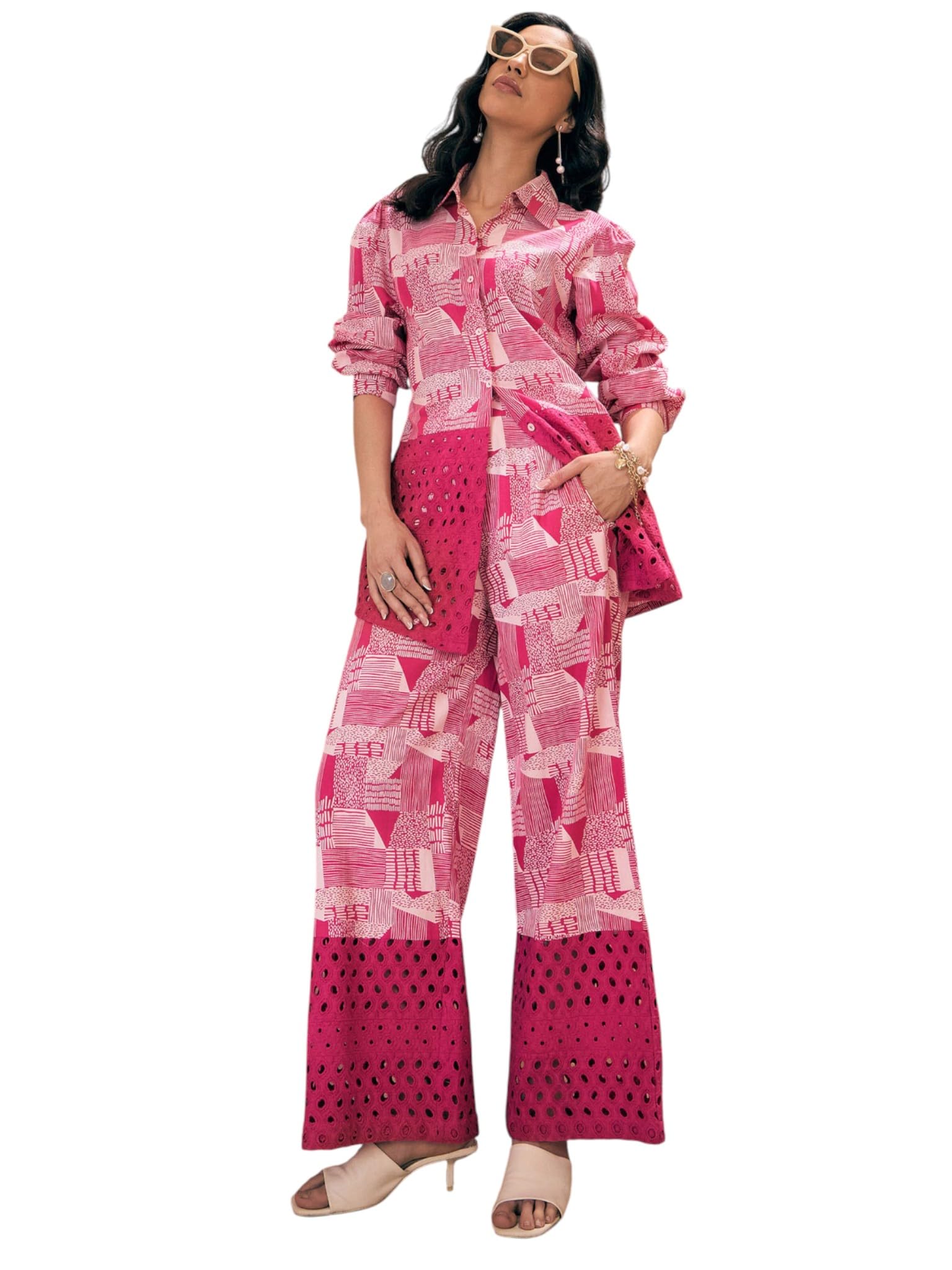 pink paprika by sassafras Women's Abstract Schiffli Shirt with Wide Pants-picture-17