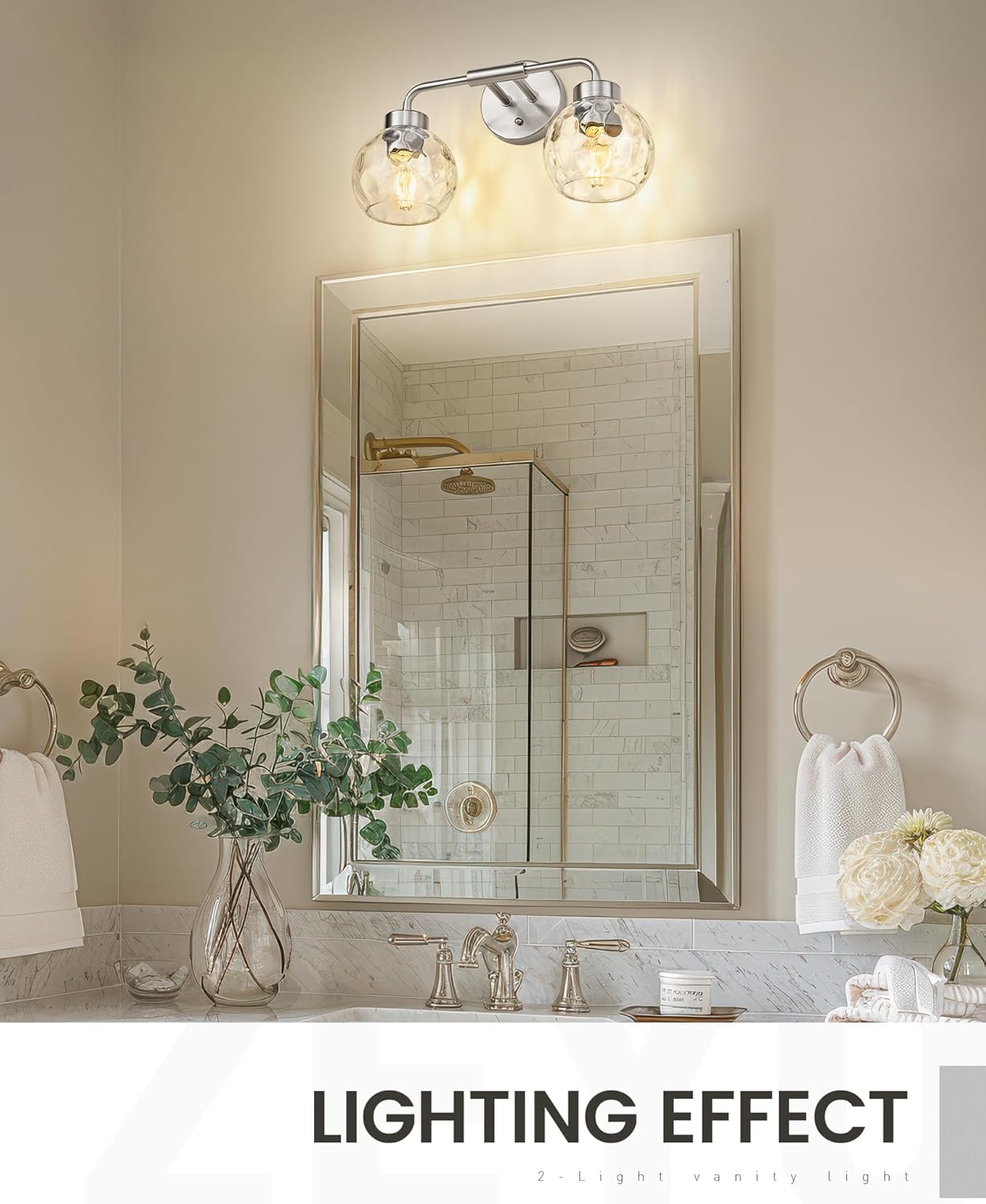 zeyu 16 Inch Bathroom Light Fixtures, 2-Light Vanity Bath Light for Mirror Bedroom, Brushed Nickel Finish with Water Ripple Globe Glass, ZS62BG-2W BN-WG