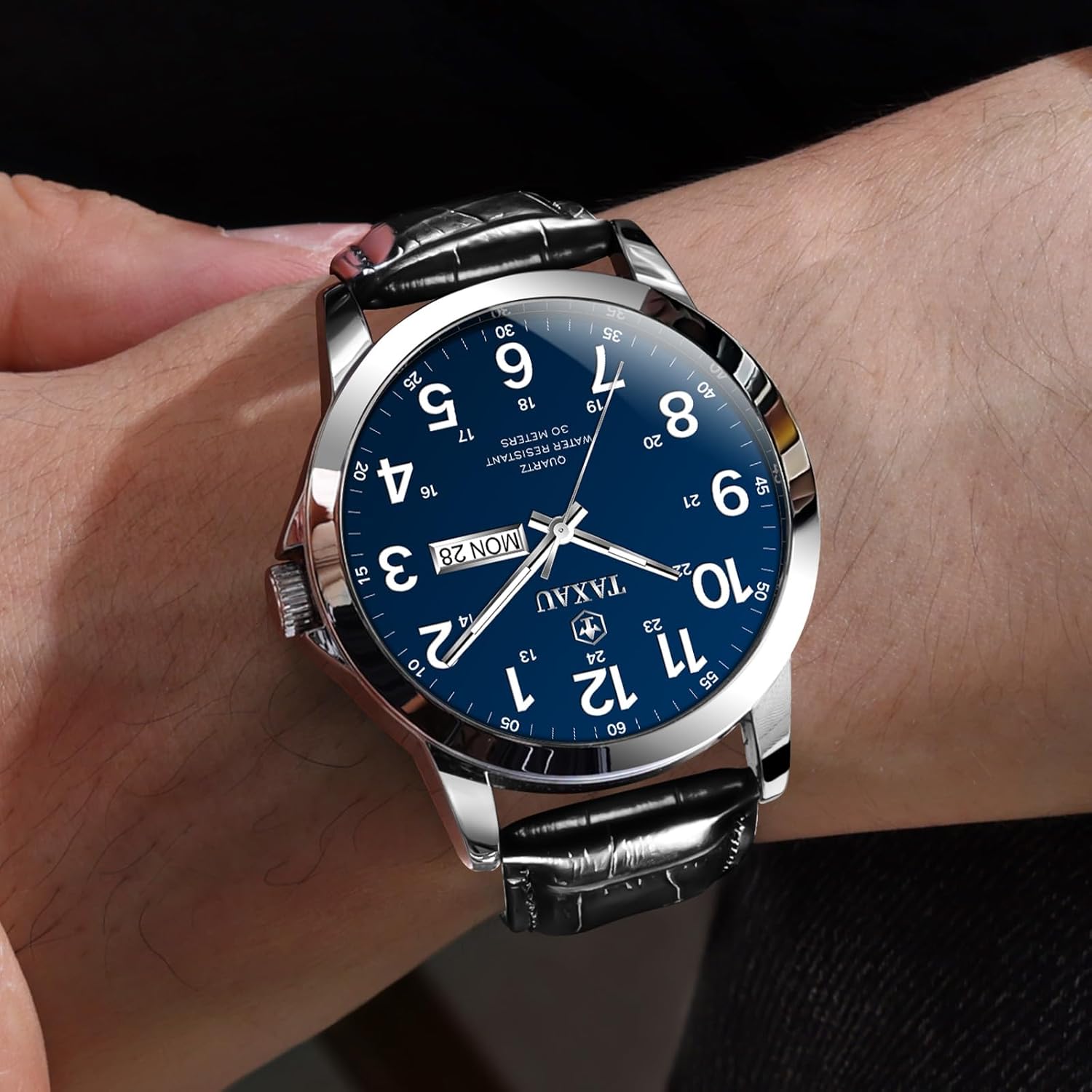 Watches for Men Leather Large Arabic Numerals Mens Watches Waterproof Band with Date Quartz Men's Wrist Watch - Image 6