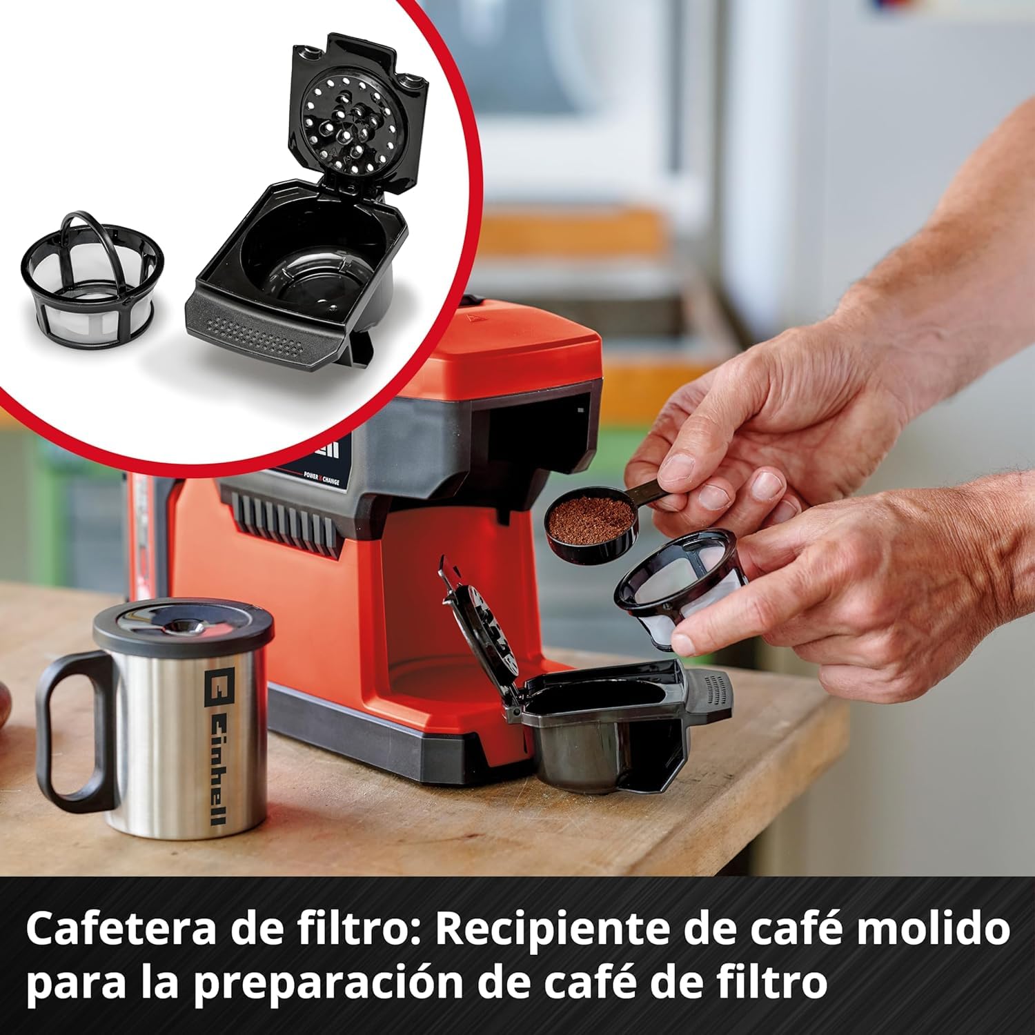 Einhell Cafetera con batería TE-CF 18 Li-Solo | PXC | 18 V | depósito 240 ml | para café filtrado/cápsulas | Asa de transporte | Taza de café con tapa | Sin batería
