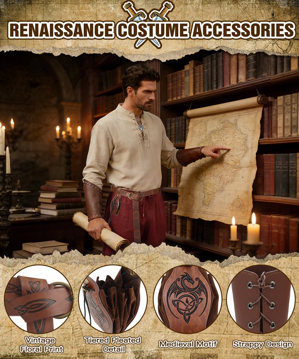 Costume Medievale Uomo, Abbigliamento Rinascimentali con Camicia Pantaloni da Pirata, Costume Carnevale Cavaliere, Regalo per Uomo, Costumi Medievale Vichingo per Halloween Cosplay