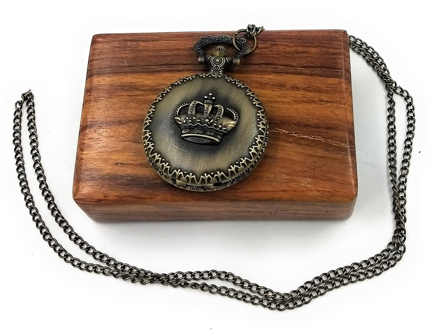 Crown Pocket Watch with Wooden Box, Bronze Analog Long Chain Vintage Style Round Dial Quartz Unisex