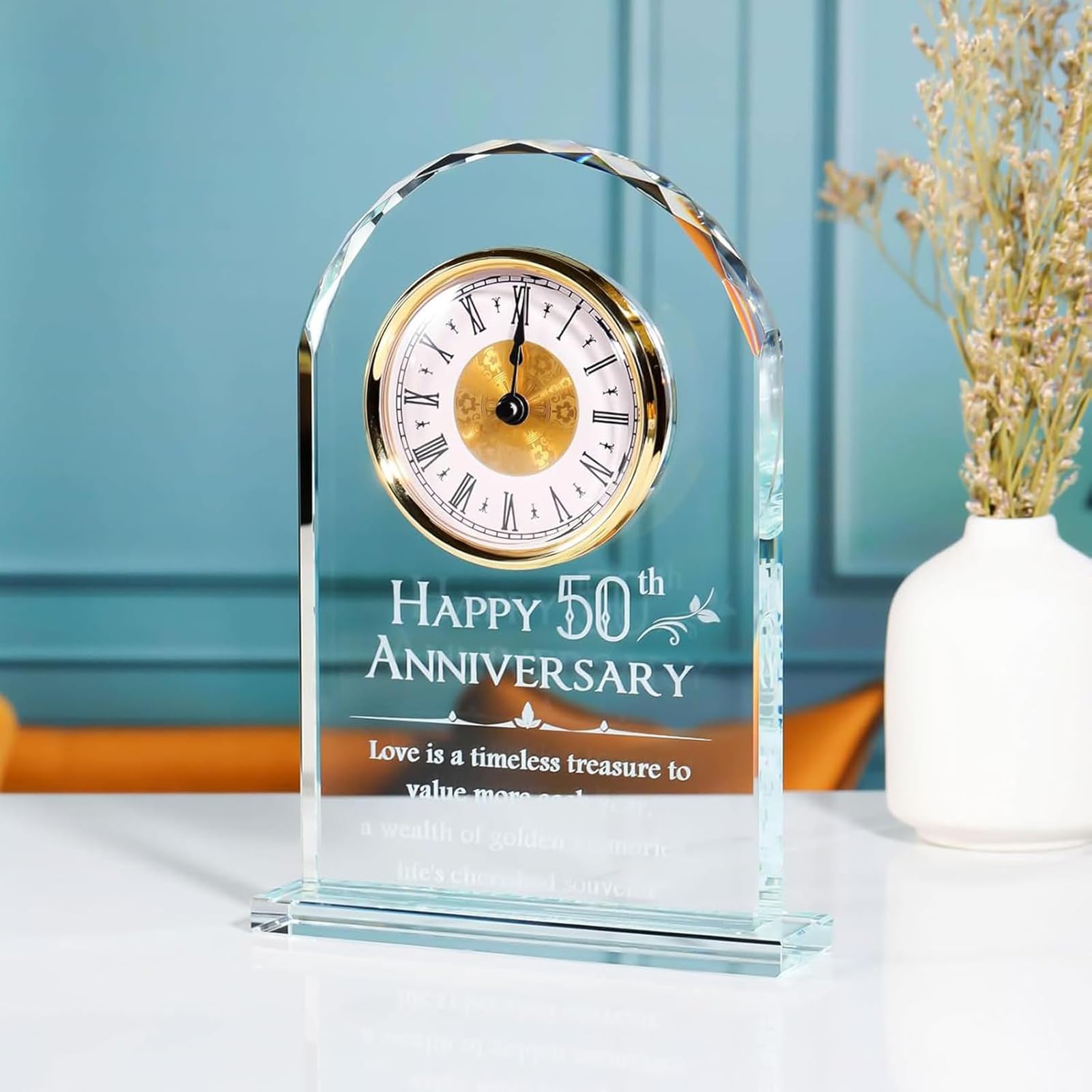 Orologio da scrivania in cristallo al quarzo per 50° anniversario di matrimonio, regalo per genitori, decorazione per la cerimonia d'oro