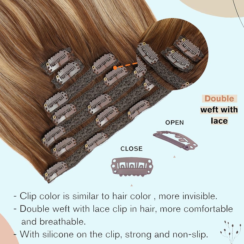 YISEA Clip in Hair Extensions Straight Human Hair for Women 100% Real Full Head Human Hair Extensions 24 Inch 140g Balayage Chocolate Brown Highlighted Dirty Blonde Double Weft Hair Extentions