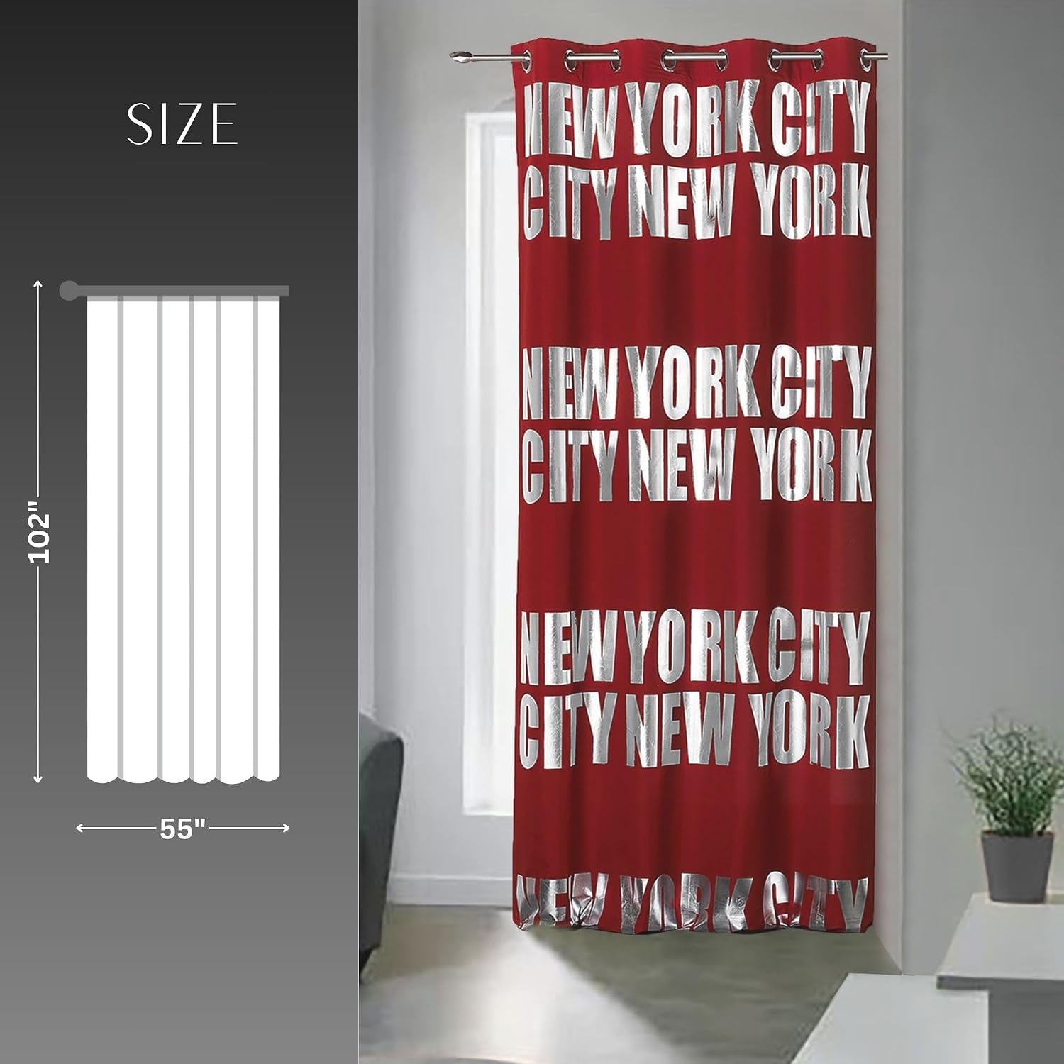 New York City Themed Blackout Curtain Panel - Red with Bold Typography, Urban Style Home Decor, Room Darkening Drapery, 102x55 Inch - 1pc