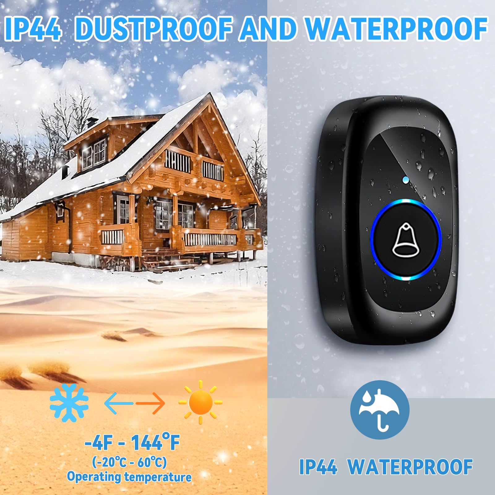 Wireless Doorbell, Bell Butt, IP65 Wodoodporne drzwi z 2 odbiornikami wtycznymi, regulowaną głośnością, 5 poziomów głośności, 55 melodii, zakresu 400 m, czarny