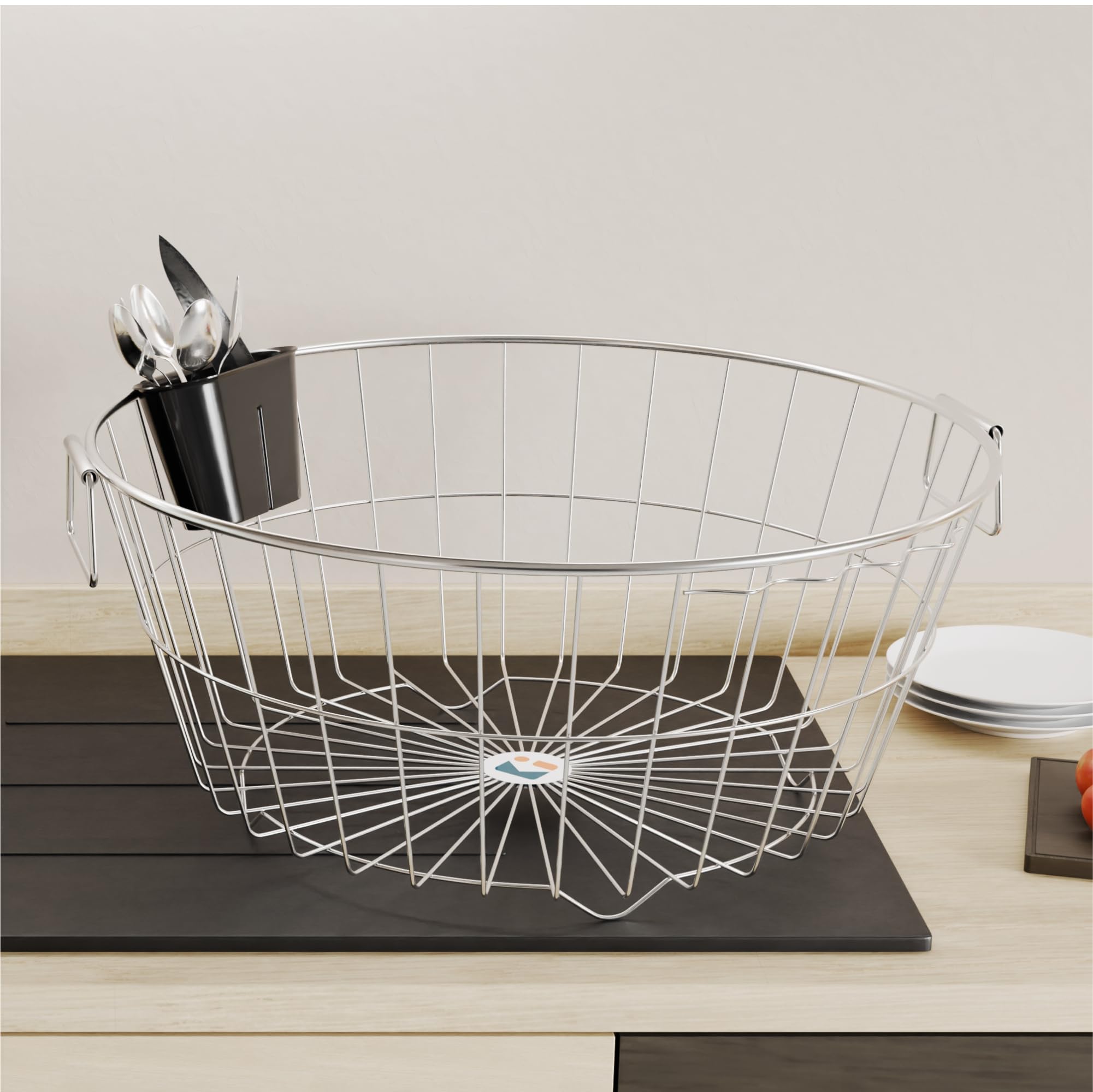 Kuber Industries Round Stainless Steel Utensils Drying Rack with Plastic Cutlery Holder | Dish Organiser with Handle | Vessel Drainer Basket | Bartan/Utensil Stand for Kitchen | Silver - Image 4 thumbnail