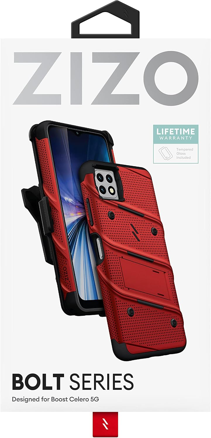 ZIZO Bolt Bundle for Celero 5G Case with Screen Protector Kickstand Holster Lanyard - Red