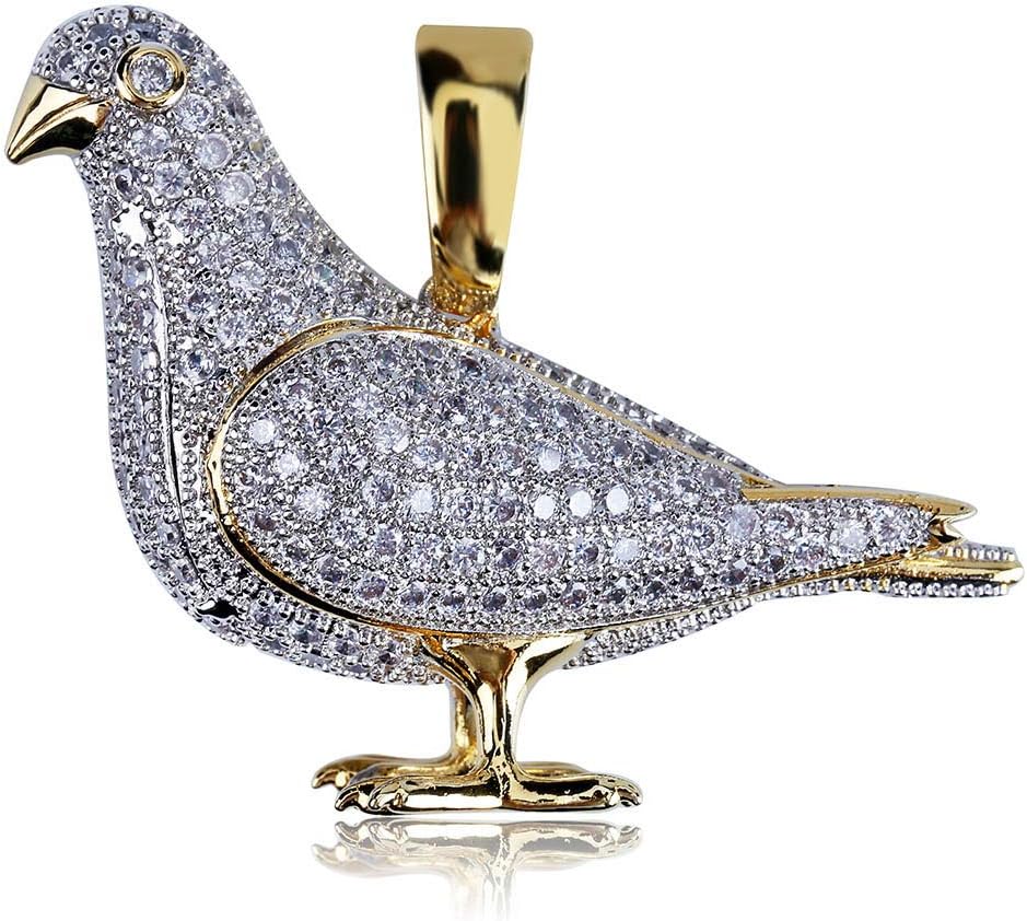 JAJAFOOK Iced Out Pigeon Pendant Necklace, 14K Gold Plated Mens Hip Hop Jewelry, Hand-Set CZ Diamond Animal Charm with 24 Inch Rope Chain