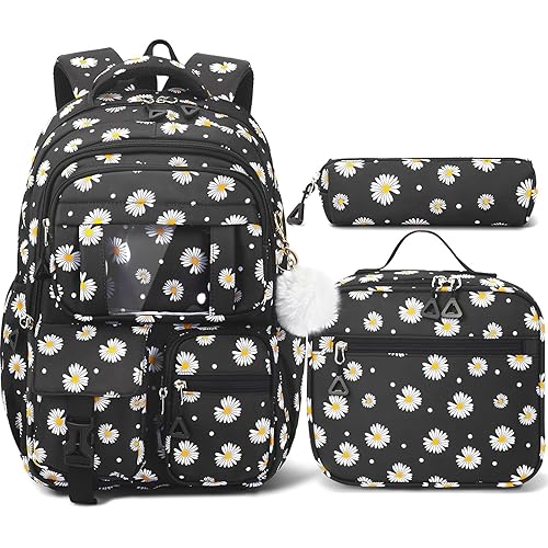 Fimibuke Backpack for Girls Boys, 3Pcs Waterproof Kids Backpack with Lunch Box & Pencil Pouch - Lightweight Multi-Pocket Daisy Bookbag for Elementary Middle School Ages 6+