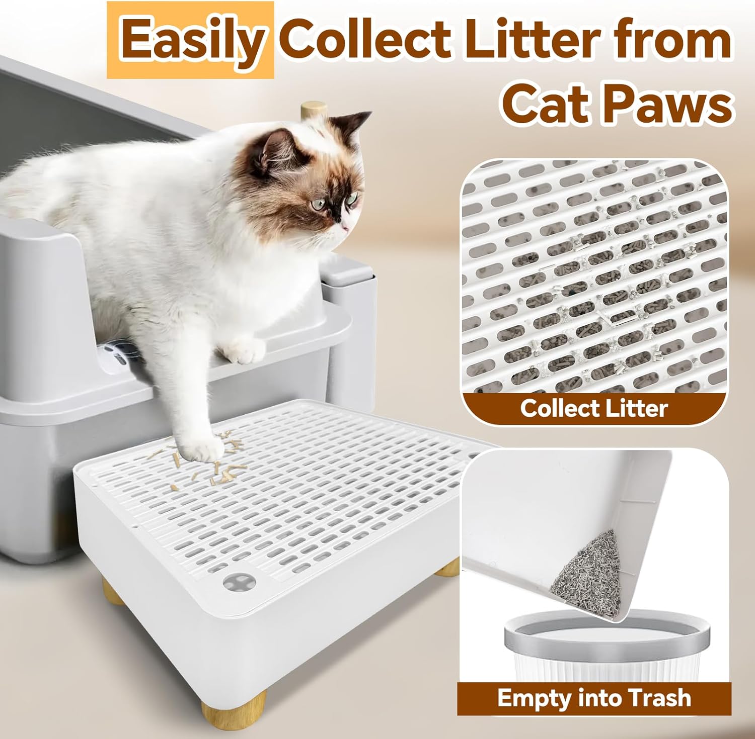 Litter Box Step,2 Steps Litter Box Ramp with Wooden Base,Cat Litter Catcher,Height-Adjustable for Small & Elderly Cats,White