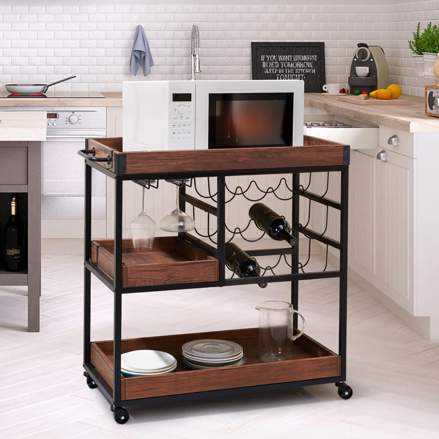 ECOTOUGE Bar Cart with Lockable Castors, 3-Tier Rolling Serving Cart with Wine Glasses Hooks, Adjustable Feet, Handle, Kitchen Stand with Storage Shelves, Easy Assembly Rustic Brown - Bar & Serving Carts