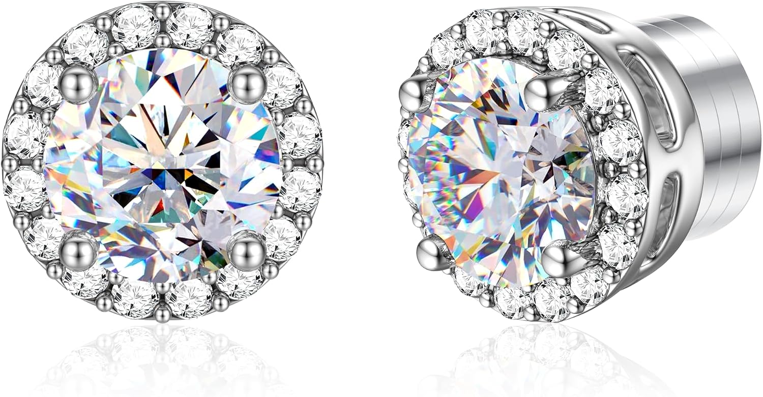 GEMQUEEN Moissanite Magnetic Earrings for Men : 18K White Gold Plated Hypoallergenic Stainless Steel Non Piercing Clip on Fake Earrings Studs Halo Round Square Diamonique Earring Women D Color VVS1
