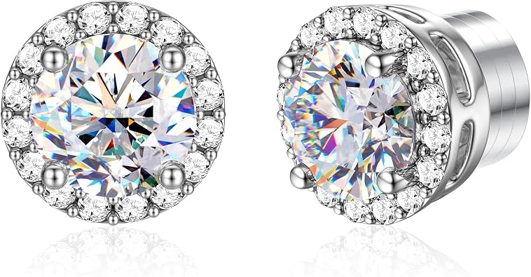 GEMQUEEN Moissanite Magnetic Earrings for Men 18K White Gold Plated Hypoallergenic Stainless Steel Non Piercing Clip on Fake Earrings Studs Halo Round Square Diamonique Earring Women D Color VVS1